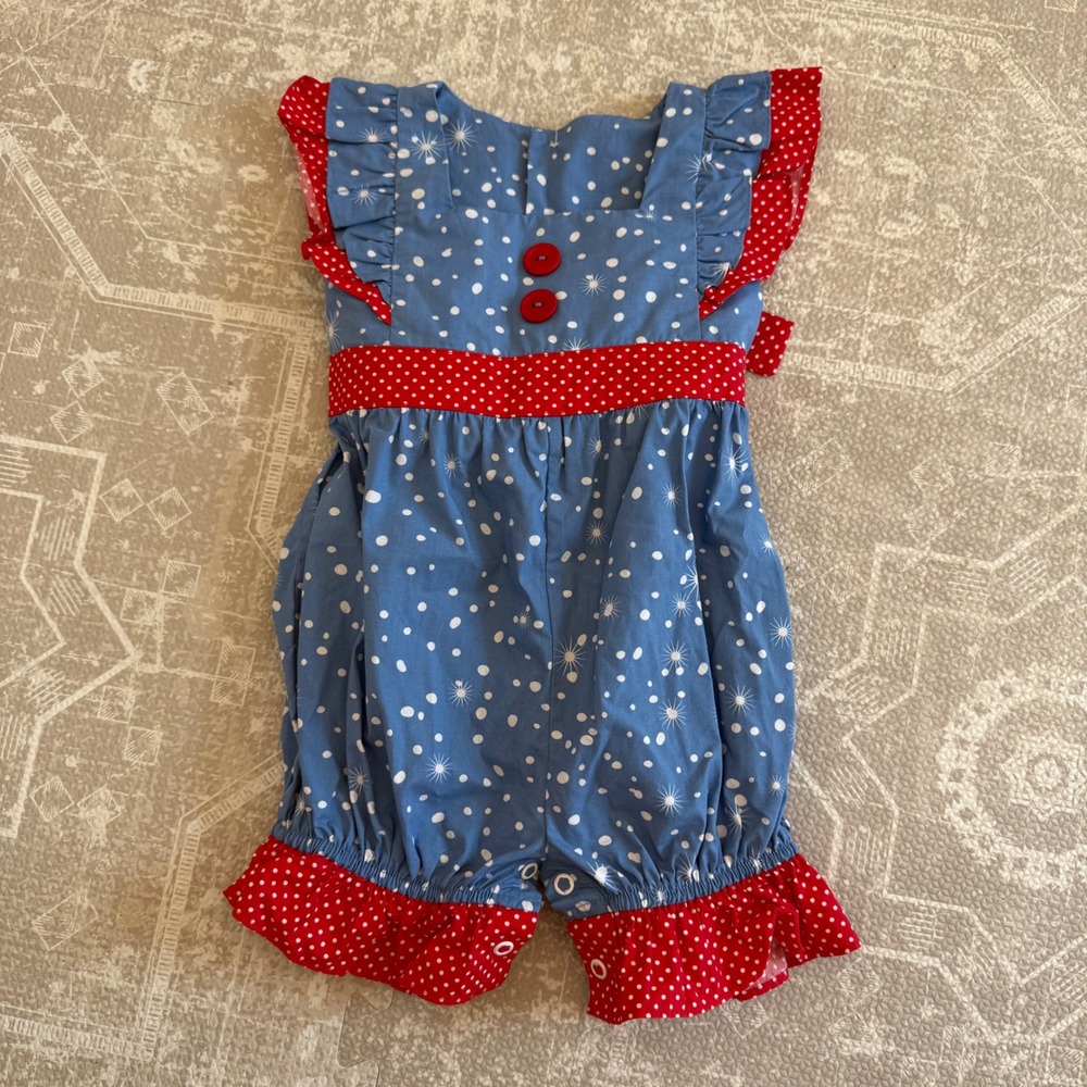 Eleanor Rose Girls Blue‎ Red Polka Dot Ruffle Bubble Romper